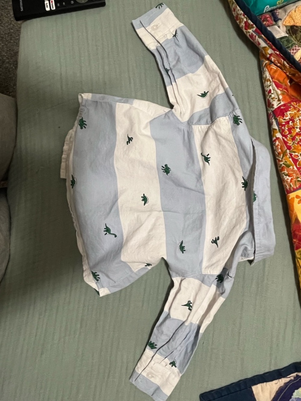 Old Navy Light Blue & White Striped Shirt with Green Dino Accents